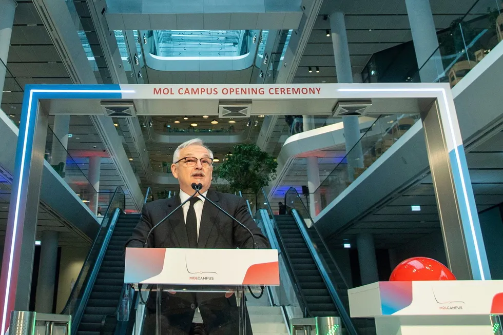 MOL chairman and chief executive Zsolt Hernadi speaks during the opening ceremony of the company's new headquarters in Budapest, Hungary, in 2022