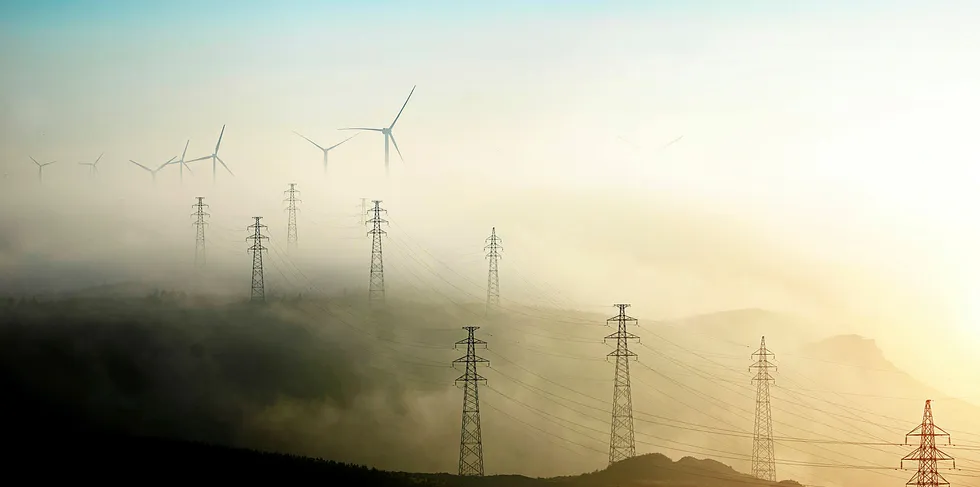 Wind turbines loom above electricity pylons.