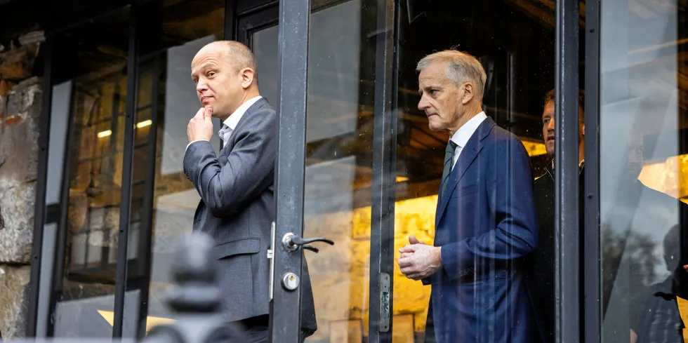 Norway's Finance Minister Trygve Slagsvold Vedum with Prime Minister Jonas Gahr Store.