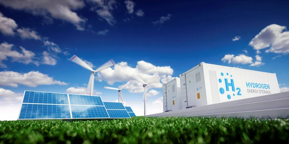A rendering of a green-hydrogen facility at a wind/solar farm.
