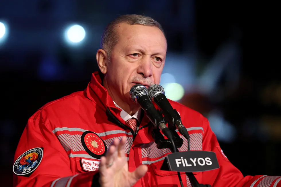 Free gas: Turkish President Recep Tayyip Erdogan speaks during a ceremony at Fliyos port to unveil the first delivery of natural gas to the national grid from the Sakarya field in the Black Sea.