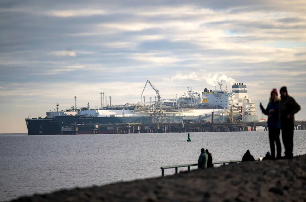 An LNG carrier (left) moored at the Hoegh Esperanza FSRU in Wilhelmshaven, Germany.