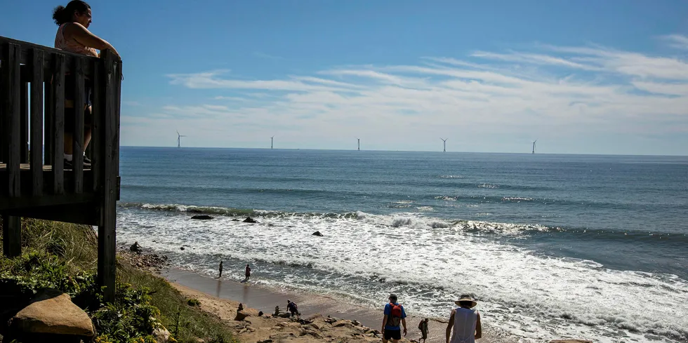 Rhode Island beach with Block Island array at the horizon