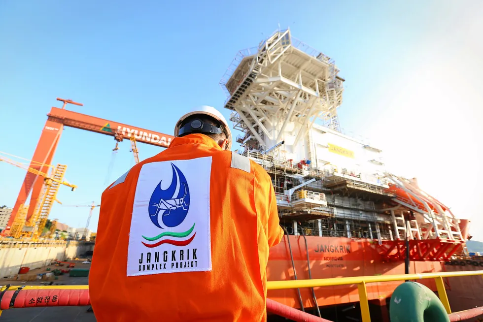 A worker: at Hyundai Heavy Industries during construction of the Jangkrik FPU