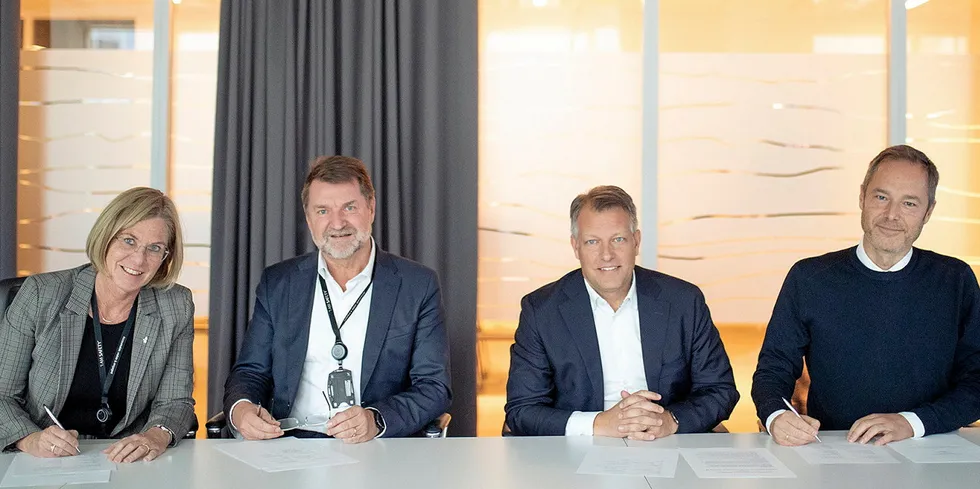 SIGNED AND SEALED: (left to right): Mette Ottøy, chief procurement officer and Geir Tungesvik, EVP for projects, drilling and porocurement at Equinor, and Niklas Persson, managing director of grid integration business and Thomas Stenberg, Equinor global account manager, at Hitachi Energy