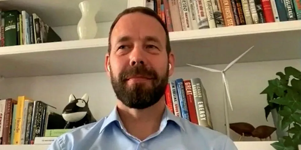 Lars Thaaning Pedersen, CEO of Vineyard Wind, speaking from home during a 'fireside chat' at the US Offshore Wind 2020 virtual conference.