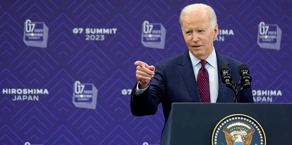 US President Joe Biden speaks during a press conference at the G7 Summit Leaders' Meeting.