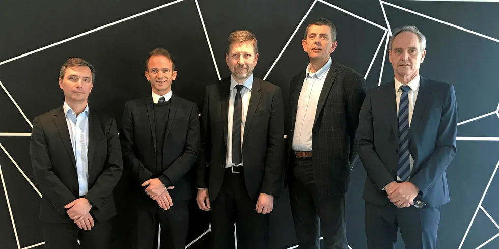 From left to right: Pedro Silva (GM MSD AH Nordics), Dafydd Morris (GM AH Norway / Aqua), Jon Inge Erdal (Manager R & D & Regulatory Scanvacc AS), Lars Andreas Speilberg (Manager Technical Services Scanvacc AS), Ole Kristian Kaurstad, CEO Scanvacc AS).