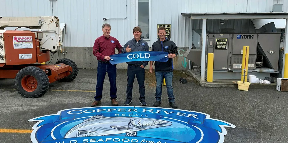 Copper River Seafoods has opened a new cold storage facility in Anchorage, Alaska. In photo from right to left: Joe O’Halloran, VP Operations; Scott Blake CEO/Founder; Billy Green, Operations and Sales Manager.