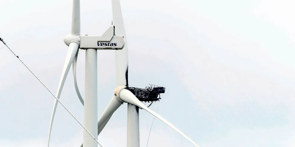 An MHI Vestas' V164 wind turbine a day after it caught fire at Osterild wind turbine Test Field , near Thisted-Osterild in western Denmark
