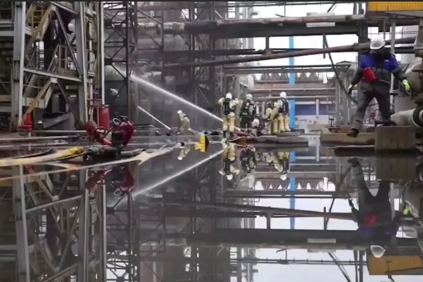 Firefighters at the site of a condensate processing unit at the Gazprom-owned Astrakhan processing plant in Russia that was attacked by Ukraine’s drones on 3 February 2025.