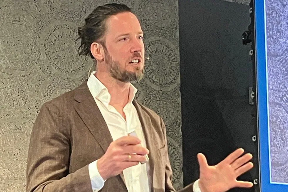 Willem van der Pijl, co-founder and managing director of the Global Shrimp Forum, addresses the event on Sept. 4, 2024.