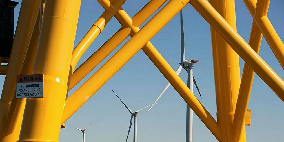 Wind turbines, of the Block Island Wind Farm, off the shores of Block Island, Rhode Island.