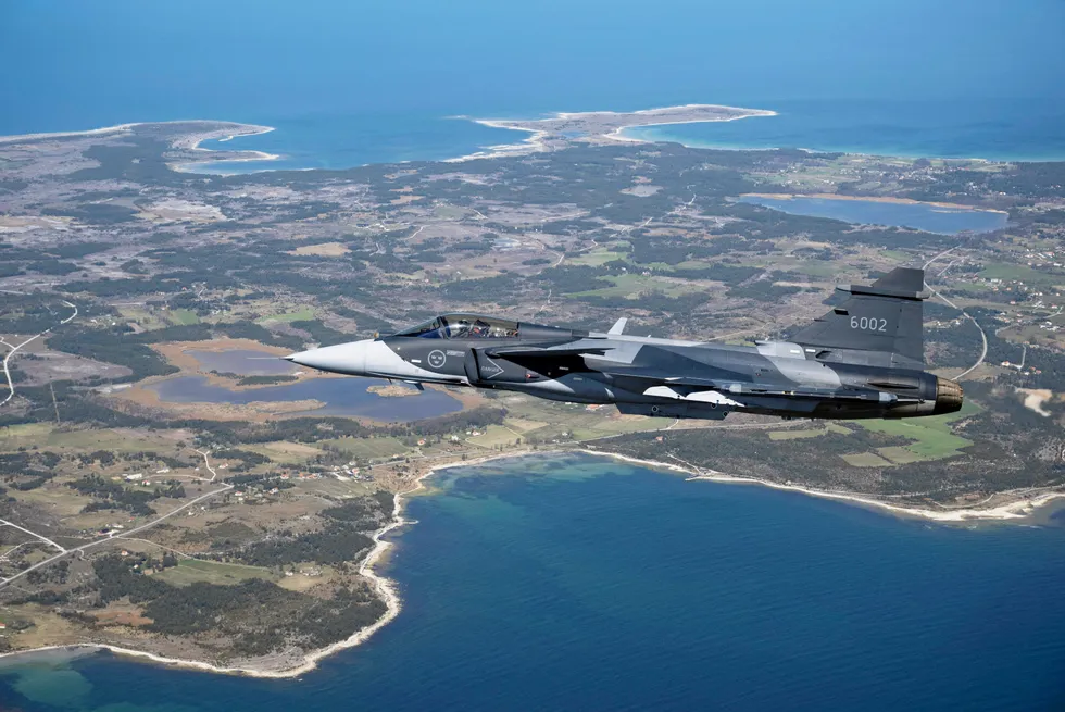 A Swedish jet fighter flies over Gotland island in the Baltic Sea.