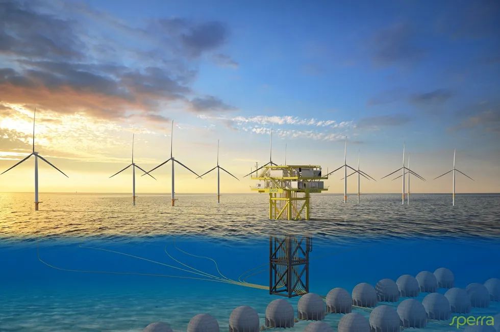 A rendering of a subsea pumped storage hydropower facility paired with an offshore wind farm.