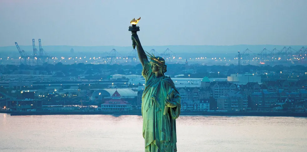 An aerial view of the Statue of Liberty.