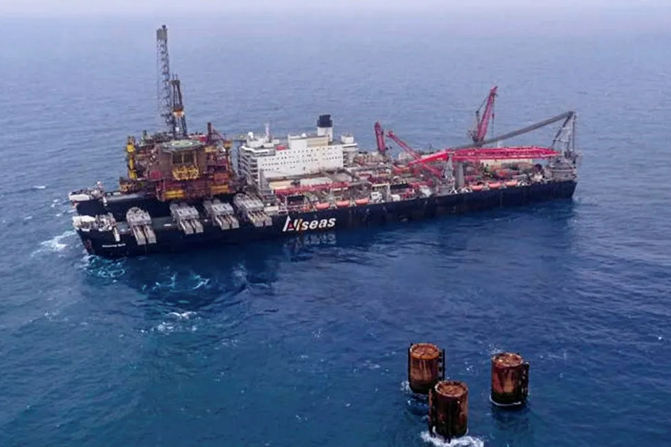 Removal: the Brent Bravo topsides being lifted by Allseas' giant heavy-lift vessel Pioneering Spirit in June 2019