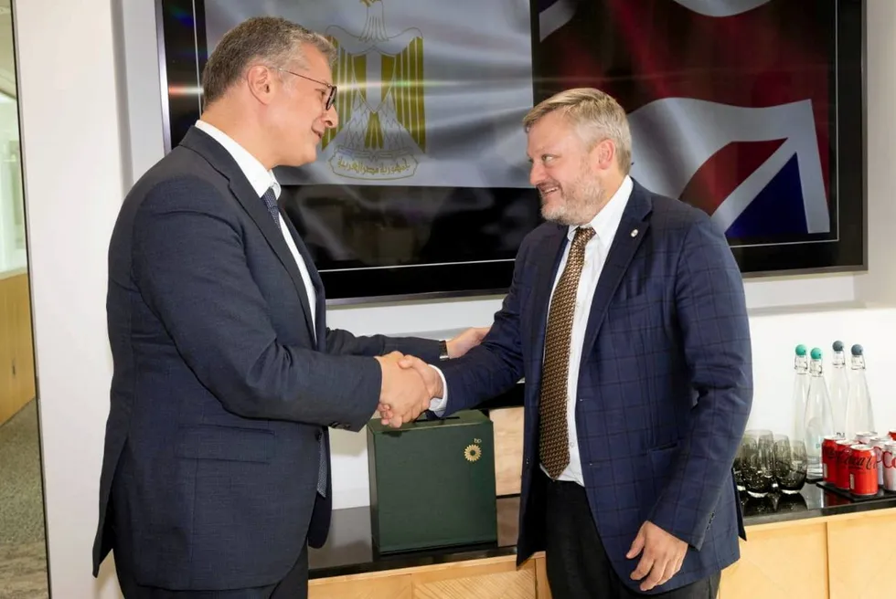 Egypt's Petroleum Minister, Karim Badawi, (left) greets BP chief executive, Murray Auchincloss, in London.