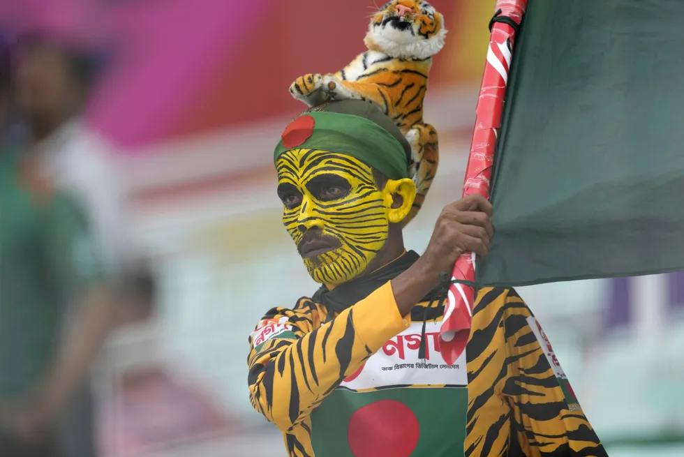 A supporter of the Bangladesh team waves his national flag during an ICC Men's Cricket World Cup match against the Netherlands.