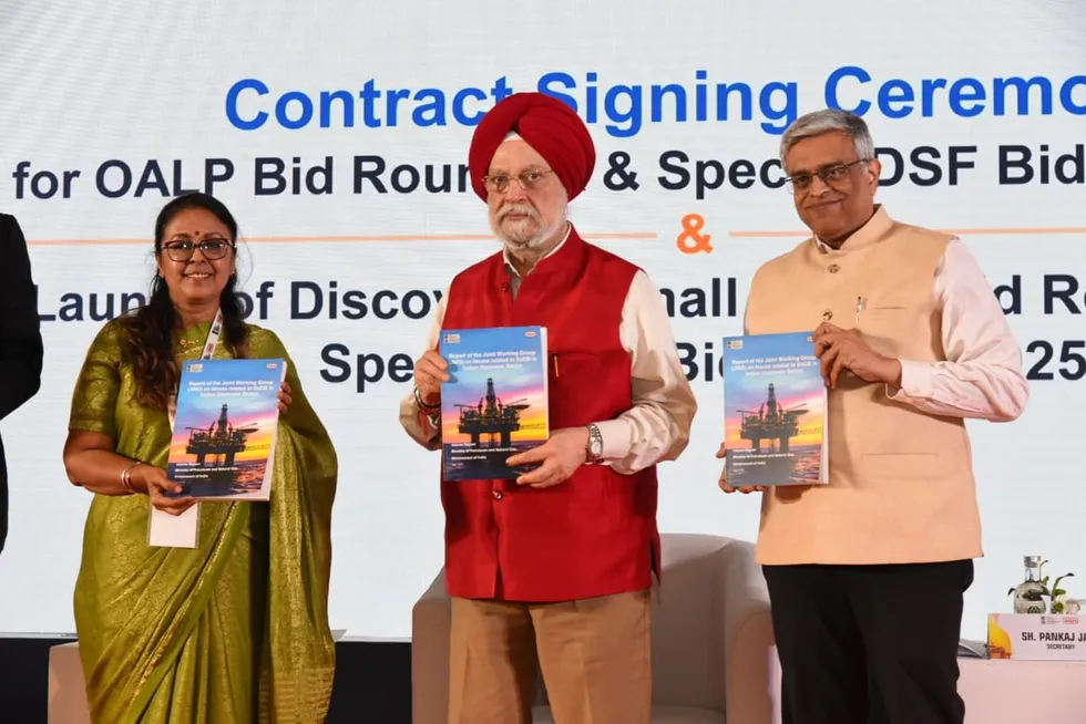 Indian Petroleum Minister Hardeep Singh Puri (centre) and other key officials at the signing ceremony of OALP-9 bid round.