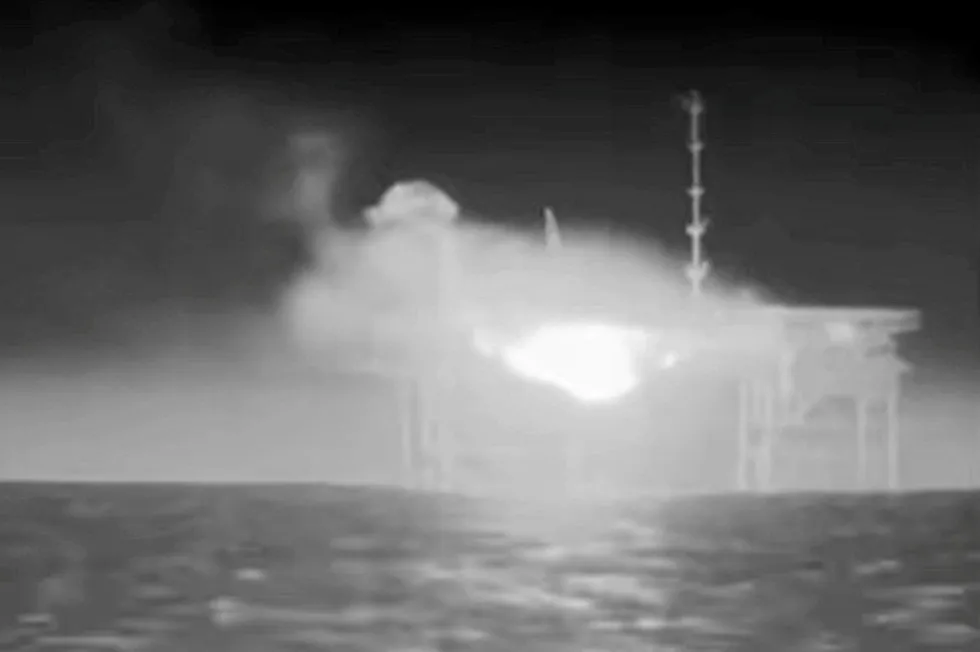 A burning Russian gas production platform in the Black Sea after Ukraine’s most recent attack.