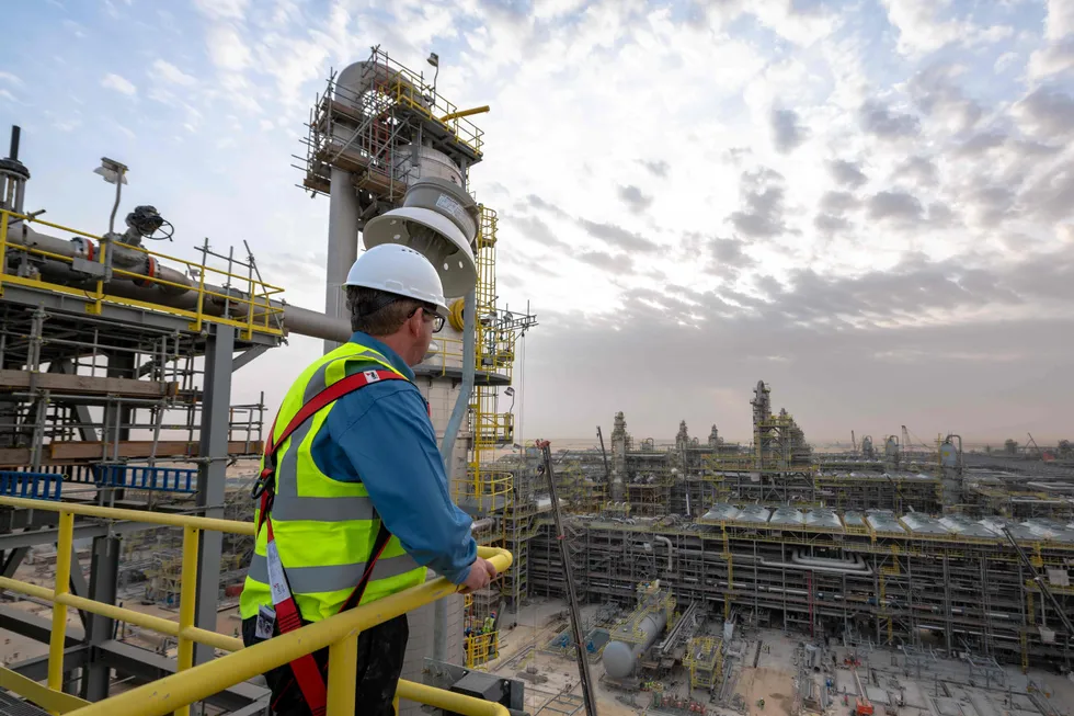 A worker at Aramco's Fadhili gas plant project.
