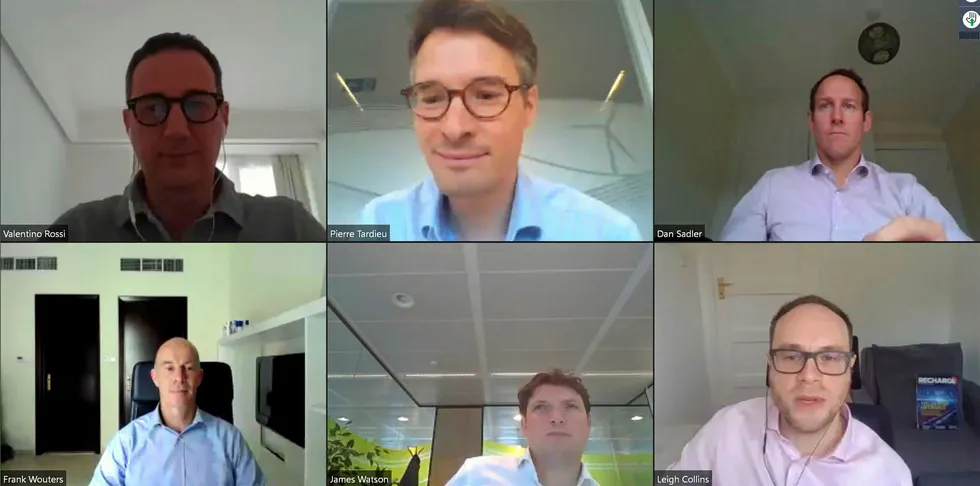 Panellists at Recharge's hydrogen digital roundtable on Thursday (clockwise from top left): Enel's Valentino Rossi; WindEurope's Pierre Tardieu; Equinor's Dan Sadler; moderator Leigh Collins from Recharge; Eurogas' James Watson; and Worley's Frank Wouters.
