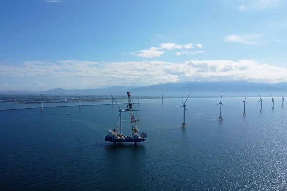 Siemens Gamesa wind turbines being installed at the Ishikari Bay New Port offshore wind farm in Japan.