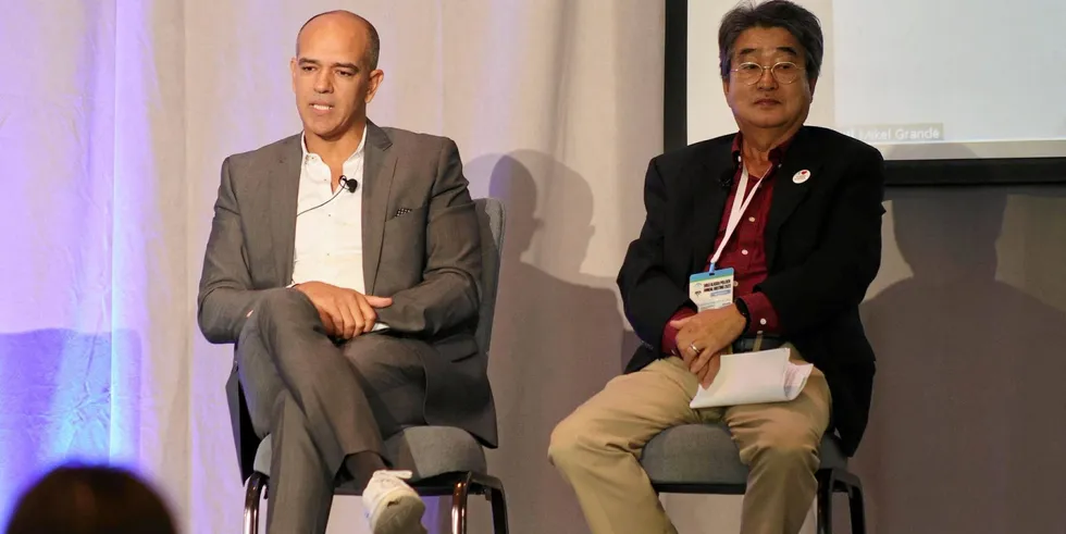 From left to right: Amin Nabli of Aquamar and Jae Park of Oregon State University speak at GAPP 2023.