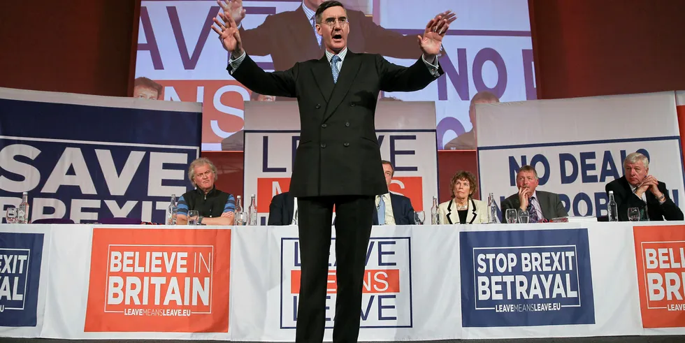 Influential Brexit-loving Tory MP Jacob Rees-Mogg speaking at a 'Leave Means Leave' rally in London.
