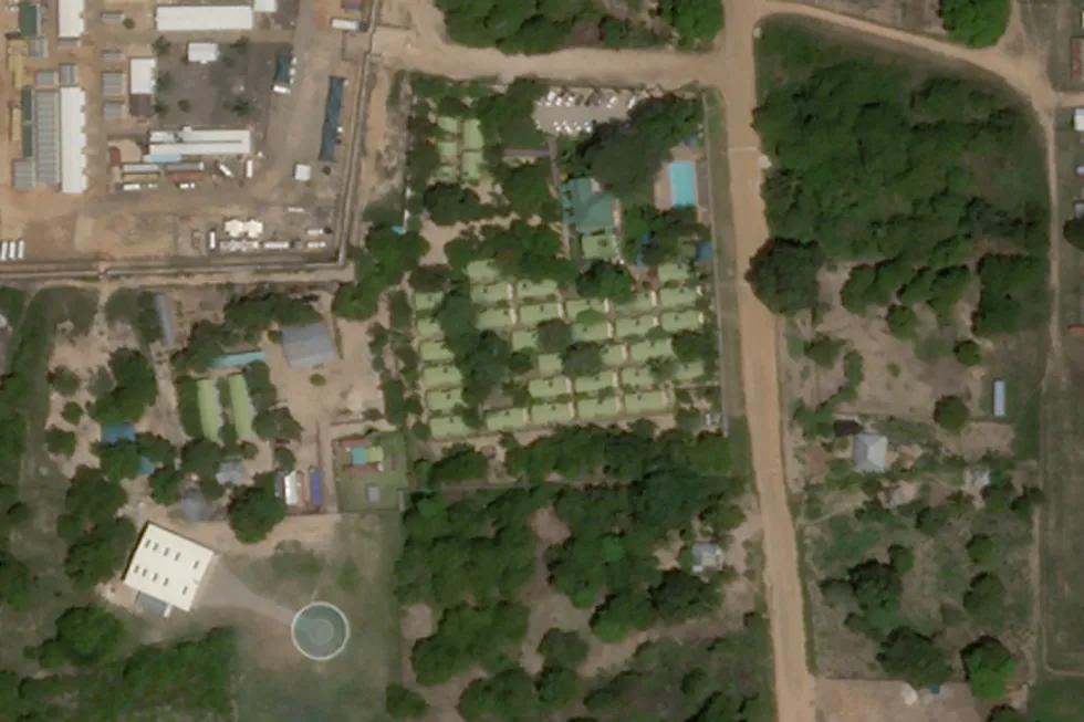 Target: This satellite photo from Planet Labs Inc shows the Amarula Palma hotel, centre in Palma, Mozambique, on 7 January, 2021. Hundreds of Mozambicans and foreign workers had been sheltering at the hotel, but had been evacuated by 29 March