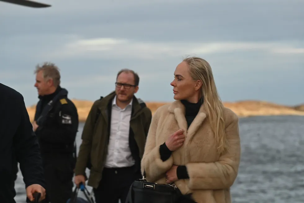 The top team behind Mowi's $655 million Nova Sea deal - including Kathrine Fredriksen (pictured) - arrived by helicopter on the Norwegian island of Lovund to inform employees and union representatives about what comes next.