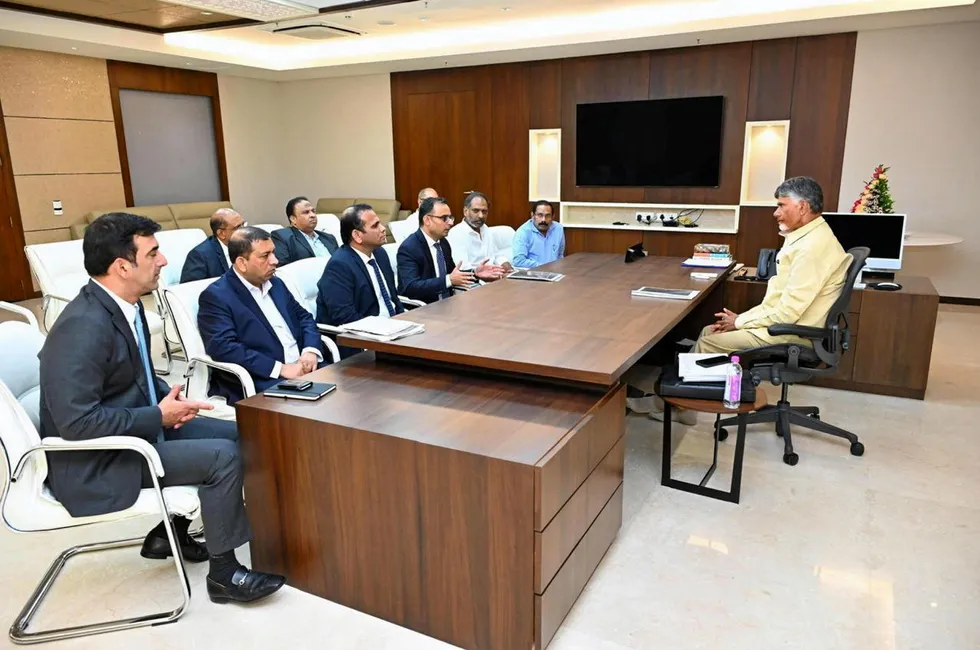 Andhra Pradesh chief minister N Chandrababu Naidu (right) meets Brookfield and Axis Energy representatives on Tuesday.