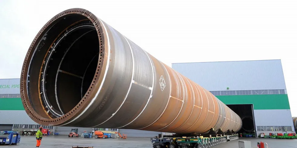 XXL monopile being moved out of EEW production hall in Rostock