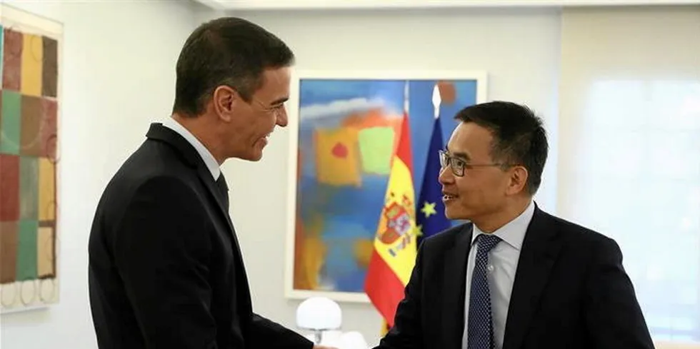 Spanish prime minister Pedro Sánchez (left) shakes hands with Lei Zhang, founder and chairman of Envision Energy.