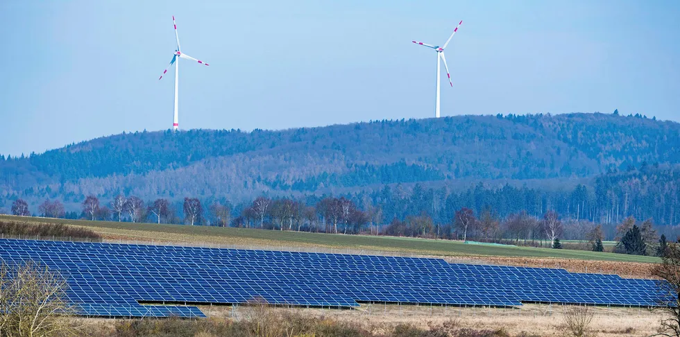 Wind turbines and solar panels near near Wolfshagen, Germany.