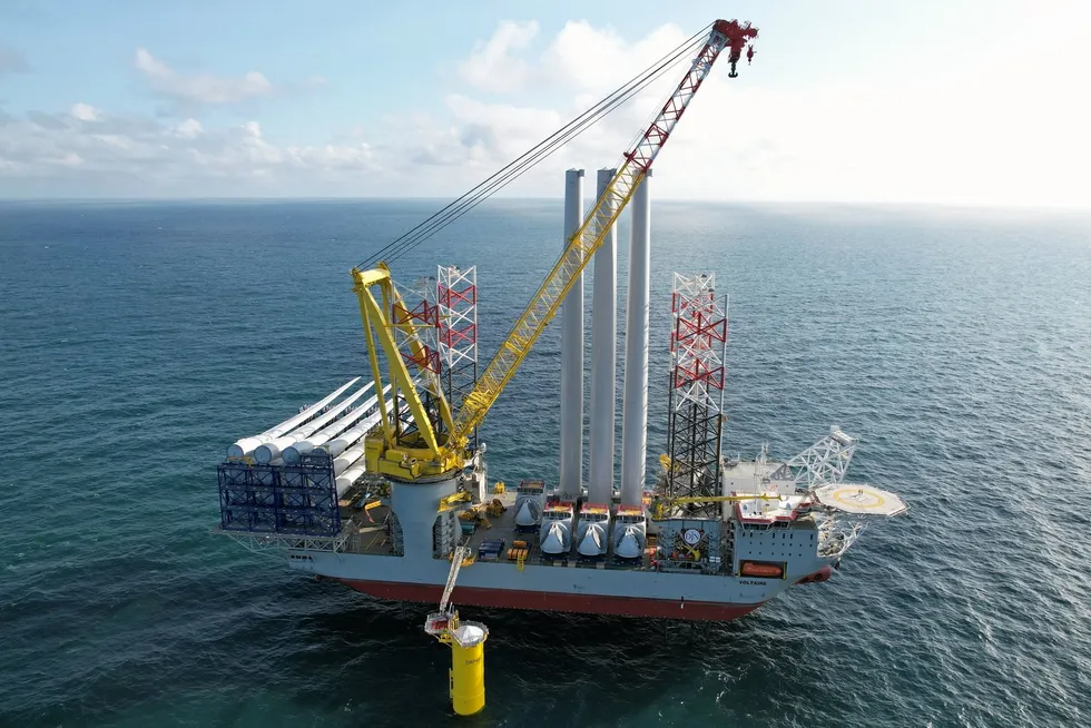 Jan de Nul installing a turbine at the giant Dogger Bank A offshore wind farm in the UK.