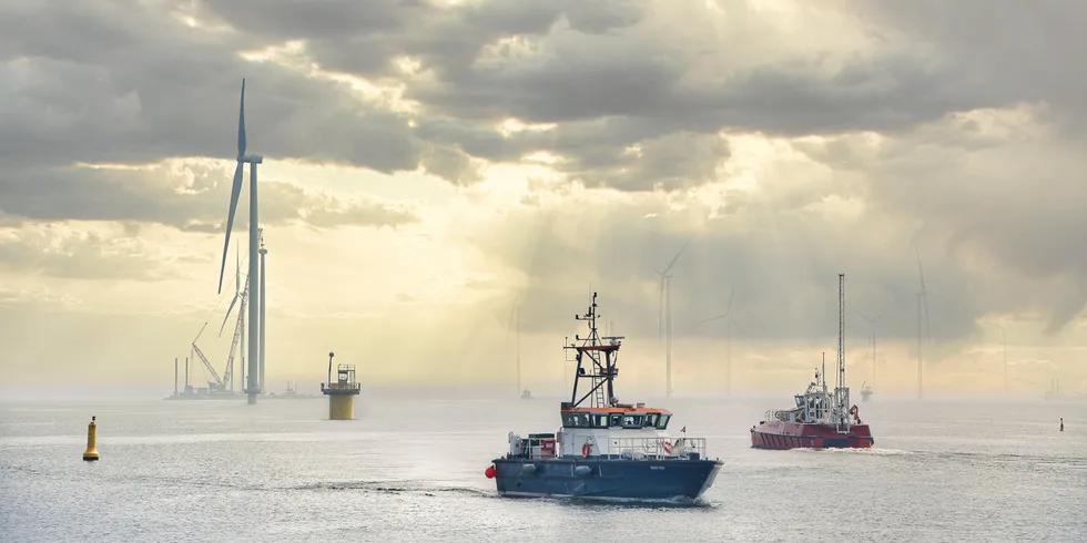 Wind Farm Fryslân on the Dutch Ijsselmeer Lake during construction
