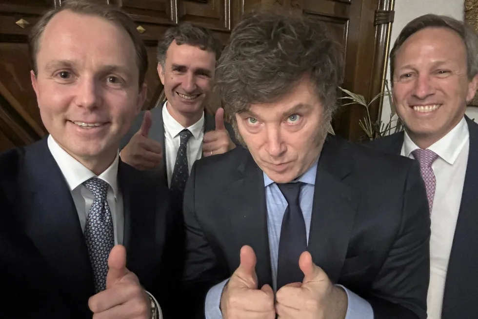 Argentina’s President Javier Milei appears to be giving positive signals to Golar's Karl Fredrik Staubo (left), Marcos Browne of YPF (second left) and Frederico Petersen (far right).