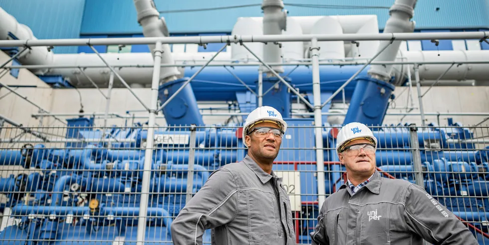 Workers at Uniper's Maasvlakte coal power plant in Rotterdam
