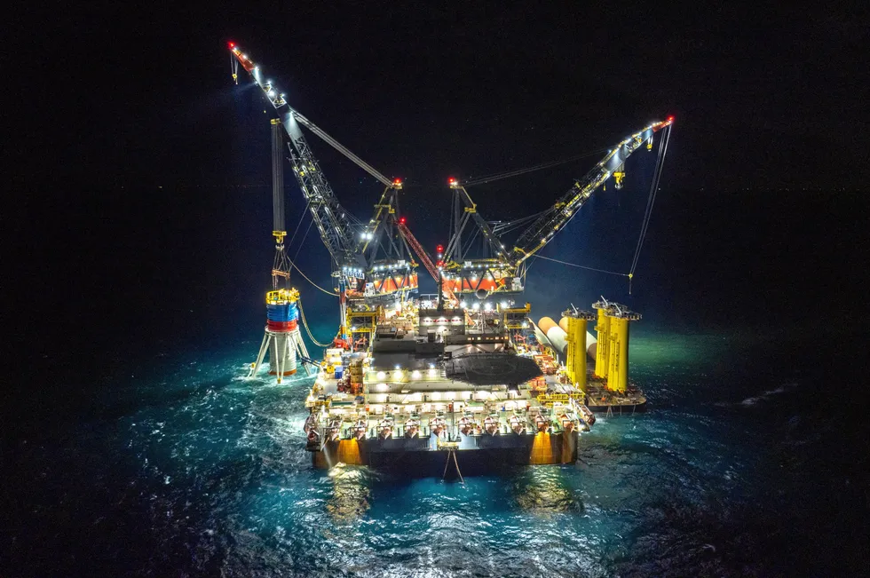 Night foundation installation at EnBW's He Dreiht offshore wind farm.
