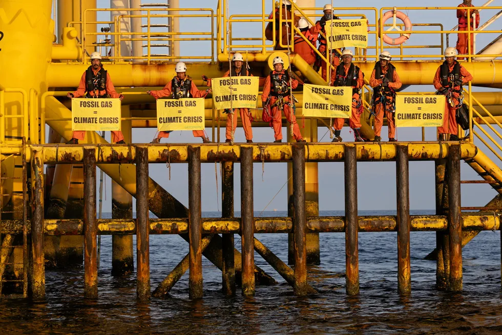 Activists from Greenpeace protesting at PTTEP's Arthit field offshore Thailand.