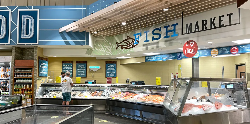 Fresh seafood departments such as this Whole Foods in Orlando, Florida, are seeing continued strong sales during the post-pandemic transition period.