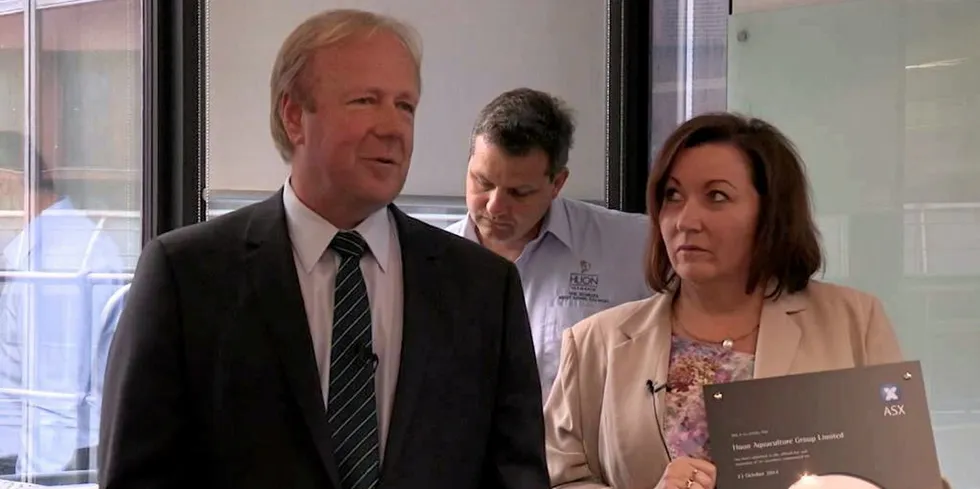 Peter and Frances Bender at the listing of Huon Aquaculture on the Australian Stock Exchange in 2014. The husband and wife team have been at the helm of the salmon producer for 36 years.