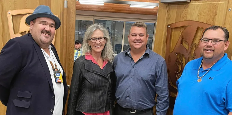 Canada Fisheries Minister Joyce Murray meets with the First Nations for Finfish Stewardship Coalition and the chiefs of the Wei Wai Kum and We Wai Kai First Nations in Campbell River on Oct. 12. From left to right: Dallas Smith , spokesperson for the Coalition and Tlowitsis Nation, Fisheries Minister Joyce Murray, Chief Chris Roberts, Wei Wai Kum First Nation, and Chief Ronnie Chickite, We Wai Kai First Nation.