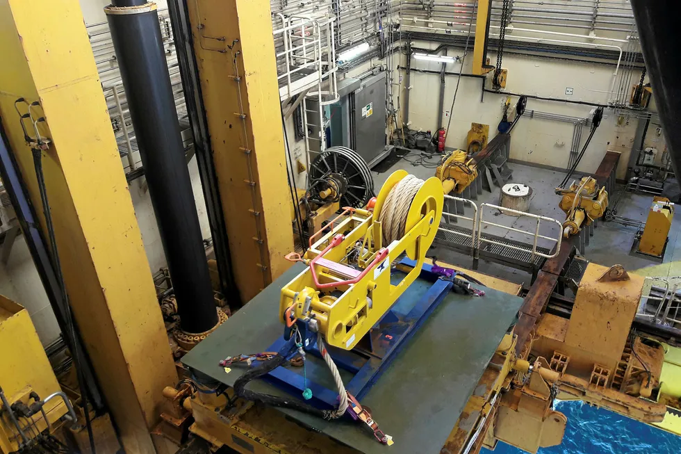 Ready: a tensioner component of the wellhead fatigue mitigation system sits in the moonpool before installation