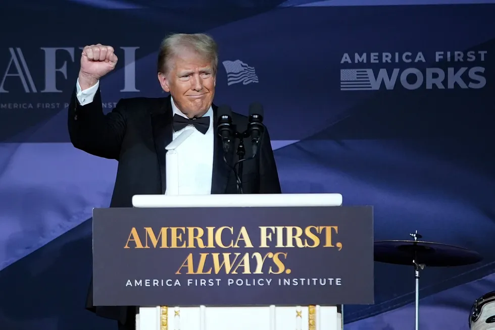 President-elect Donald Trump gestures after speaking during an America First Policy Institute gala at his Mar-a-Lago estate, Thursday, Nov. 14, 2024, in Palm Beach, Fla.