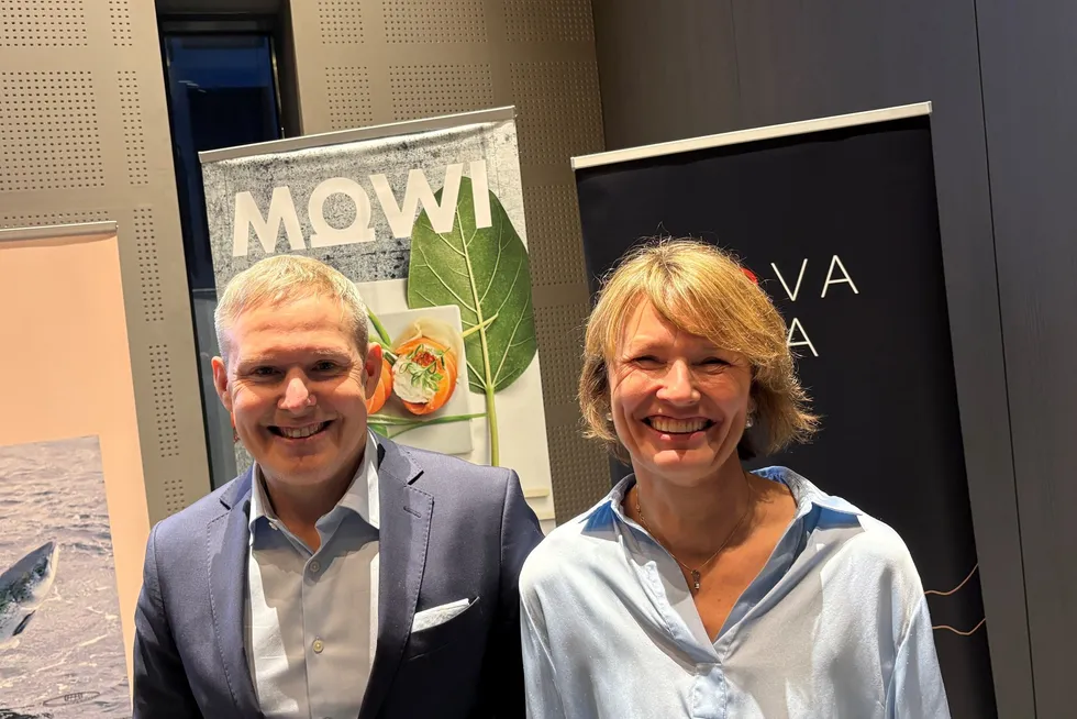 Mowi CEO Ivan Vindheim and Nova Sea Chair Aino Olaisen at a press conference in the Norwegian town of Bodo, shortly after announcing the $655 million deal.