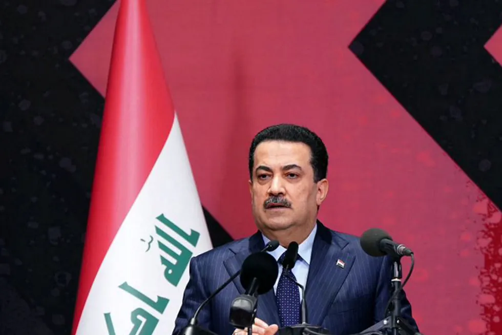 Iraqi premier Mohammed Shia al-Sudani addressing the final signing ceremony of the contracts for the latest licensing round for oil and gas border exploration blocks and fields, held at the Oil Minister in Baghdad this week.