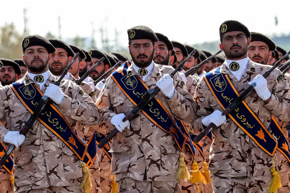Members of Iran's Revolutionary Guards Corps (IRGC) march during the annual military parade marking the anniversary of the outbreak of the devastating 1980-1988 war with Saddam Hussein's Iraq, in the capital Tehran.